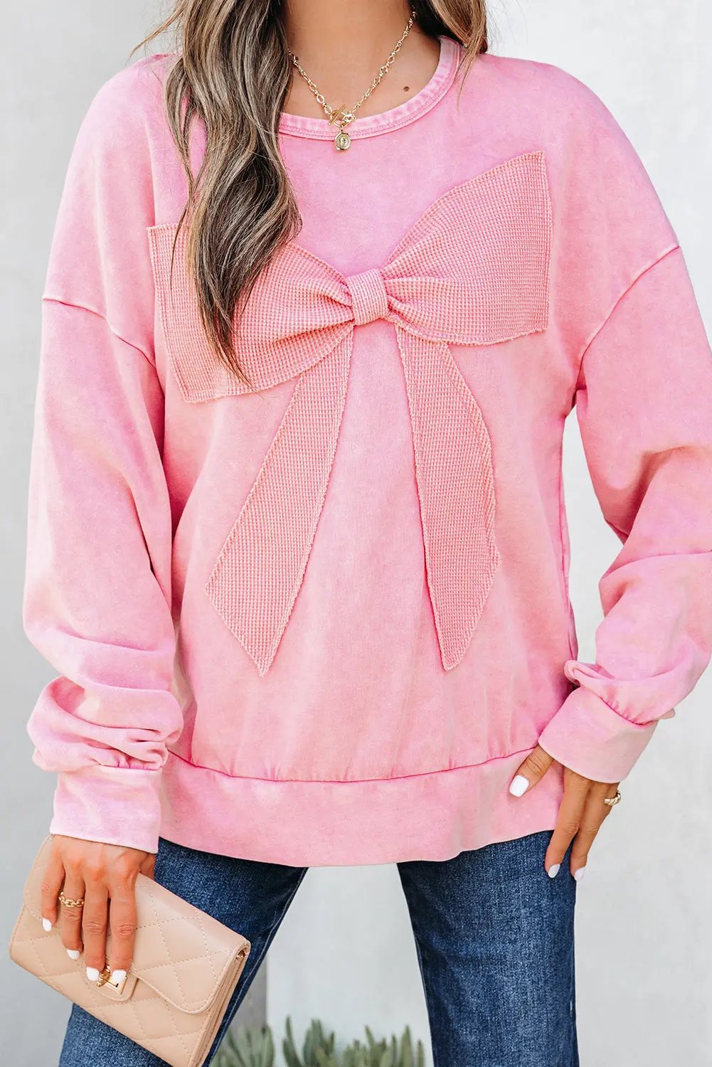 Premium Bright Pink Mineral Wash Big Bow Patchwork Pullover Sweatshirt Dear-Lover Dropshipping